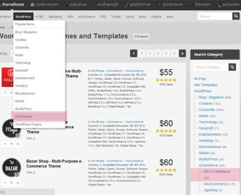 WooCommerce Themes bei Themeforest filtern