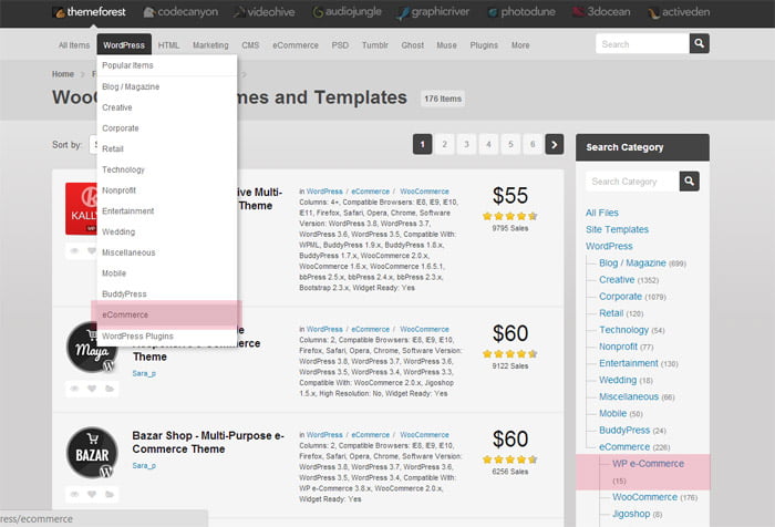 WooCommerce Themes bei Themeforest filtern