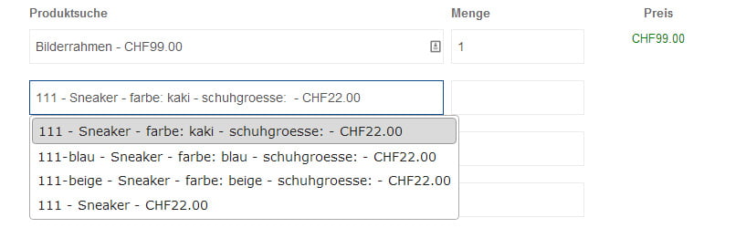 Varianten in Schnellbestellung