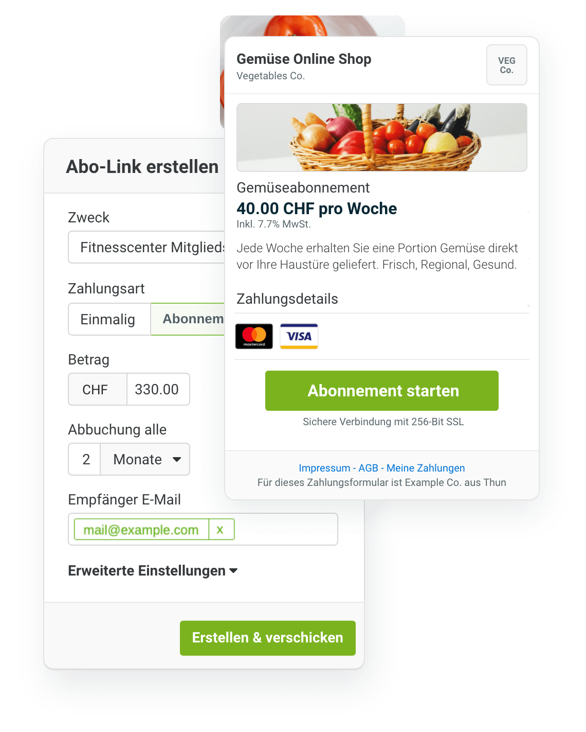 Screenshot Gemüse Online Shop mit wiederkehrenden Zahlungen