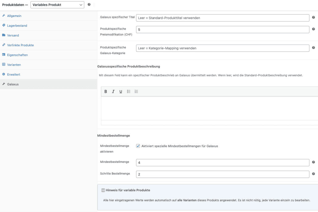 Galaxus Connector WooCommerce Einstellungen produktspezifische Einstellungen für Feed