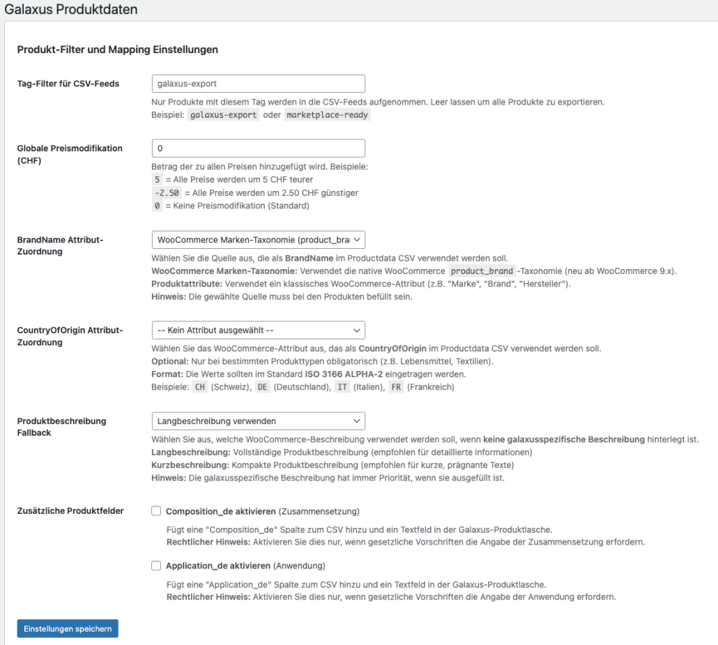 Galaxus Connector WooCommerce Wichtigste globale Produktfeed-Einstellungen