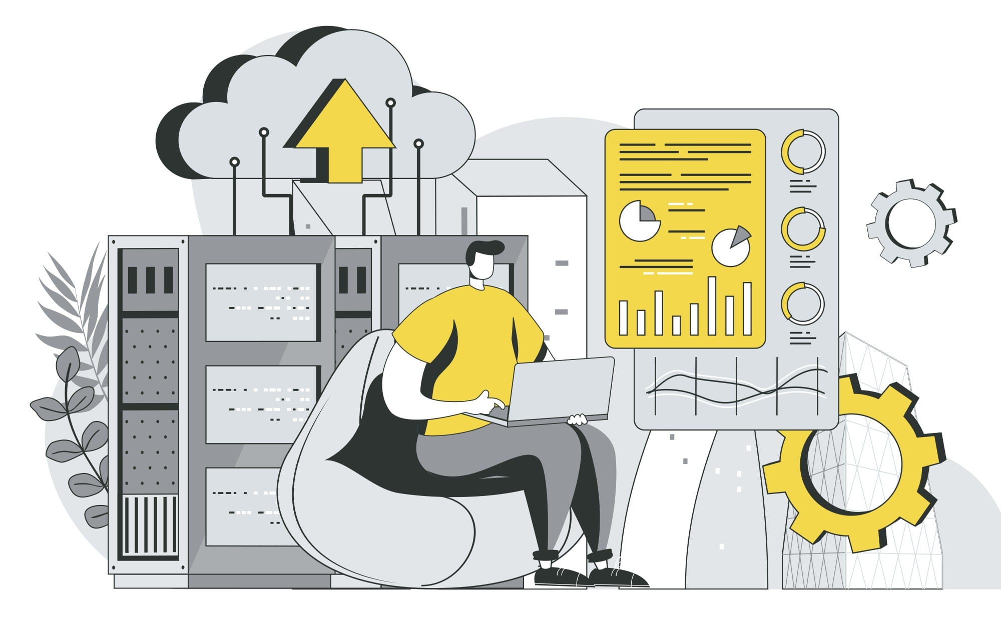 Illustration: GPU-Server und KI-Infrastruktur aus Zürich – Entwickler arbeitet mit Cloud und Servern