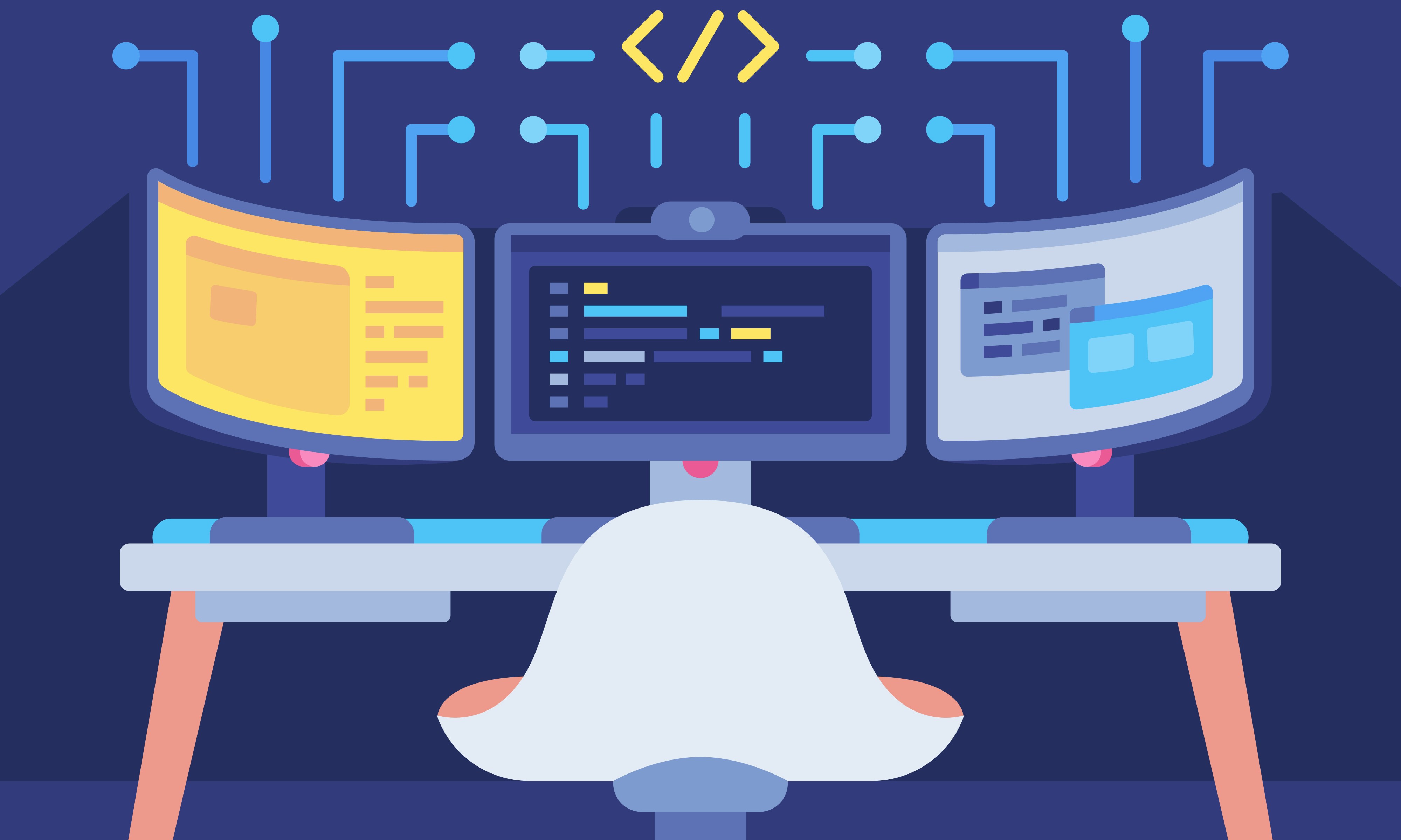 Entwicklerarbeitsplatz mit mehreren Monitoren und Code