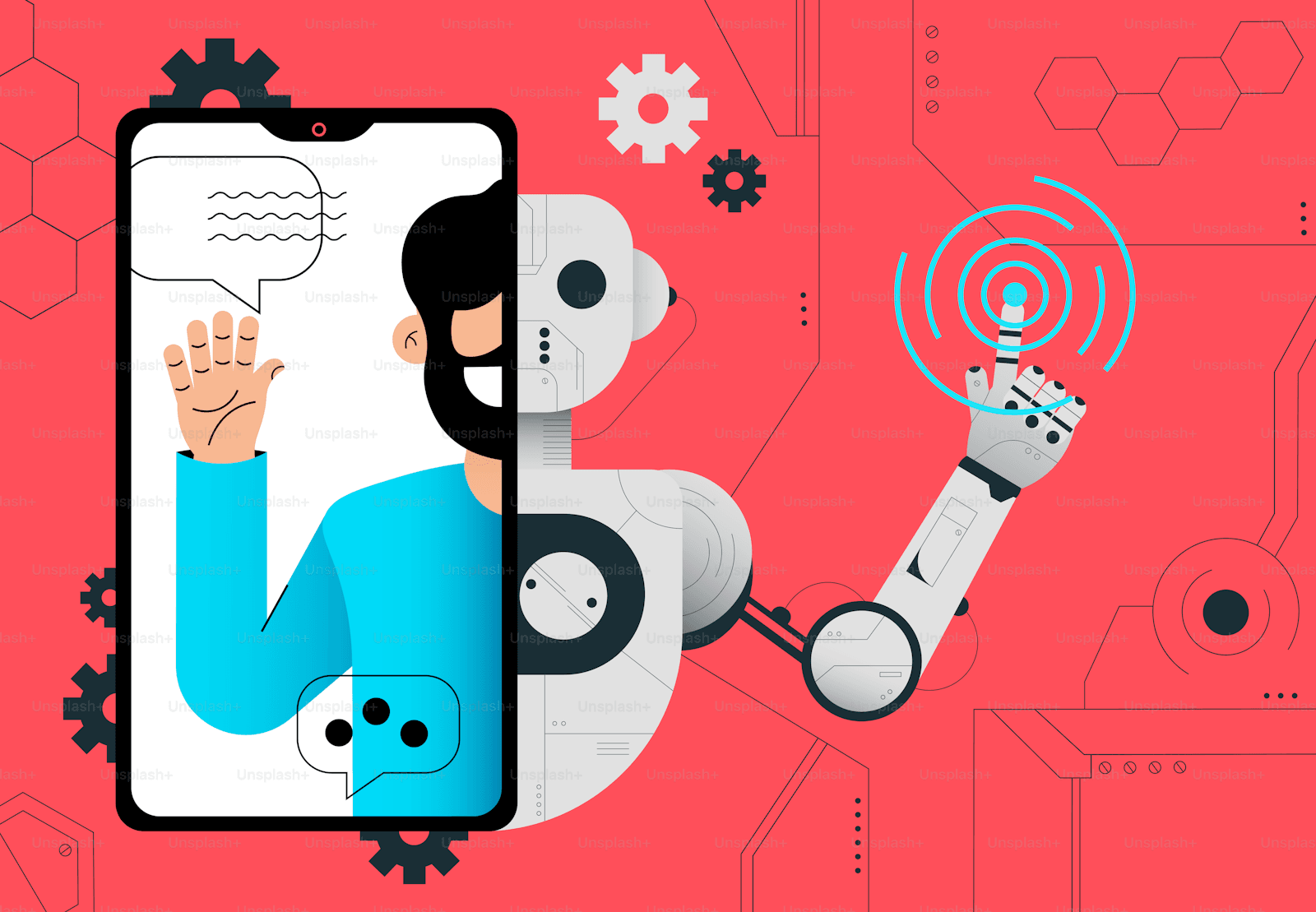 Mann mit Smartphone neben Roboter