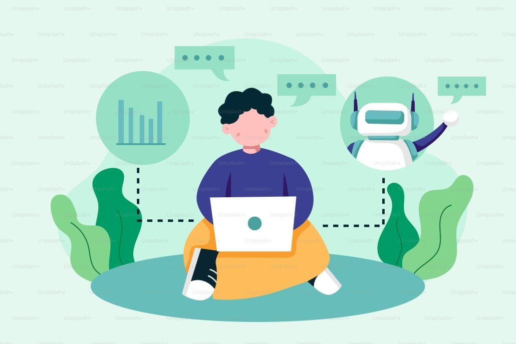 Illustration einer Person mit Laptop als Symbol für agentische Produktsuche