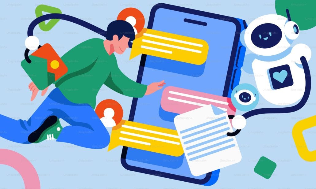 Illustration eines laufenden Mannes mit Buch und Smartphone als Symbol für Commerce-Prozesse