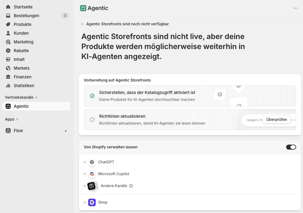 Shopify Admin Bereich Agentic mit Hinweis auf Agentic Storefronts, Katalogzugriff und Product Discovery im DACH-Raum