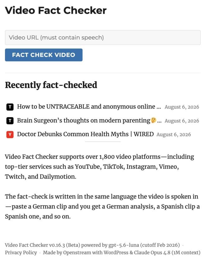 Screenshot Openstream Video Fact Checker