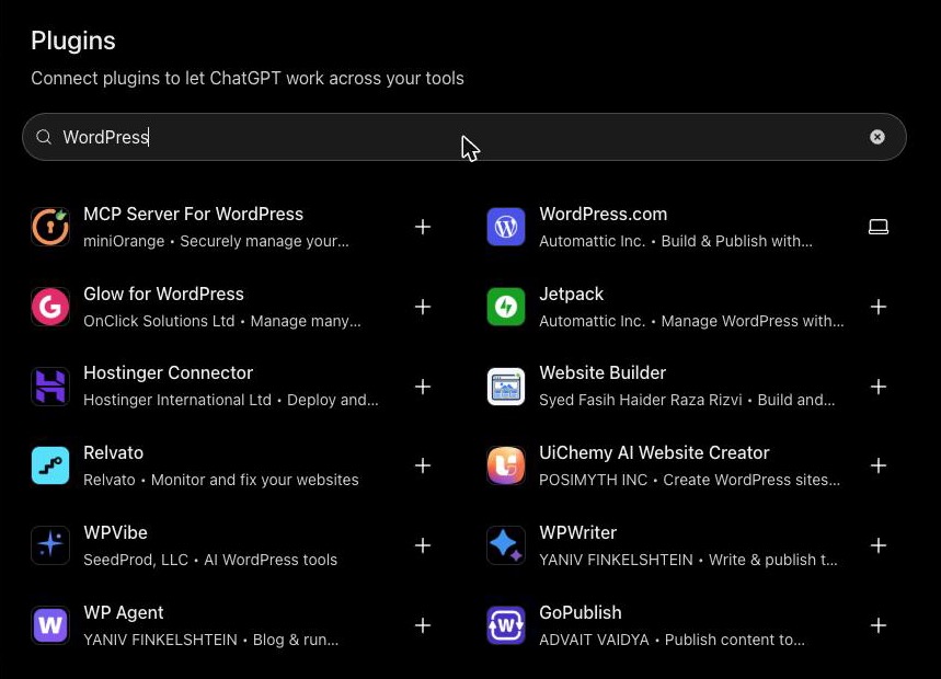 Das Plugin-Verzeichnis von ChatGPT mit der Suche nach WordPress: 12 Treffer, darunter WordPress.com, Jetpack, MCP Server For WordPress, WPVibe, WPWriter, WP Agent und GoPublish.
