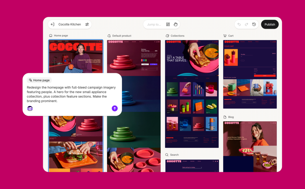 Shopify Canvas zeigt mehrere Seiten eines Shops nebeneinander, daneben ein Sidekick-Prompt zur Neugestaltung der Startseite