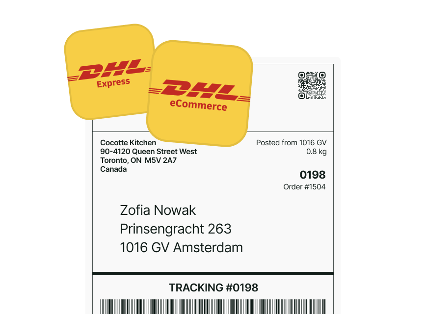 Versandetikett mit Logos von DHL Express und DHL eCommerce, direkt aus dem Shopify Admin erstellt