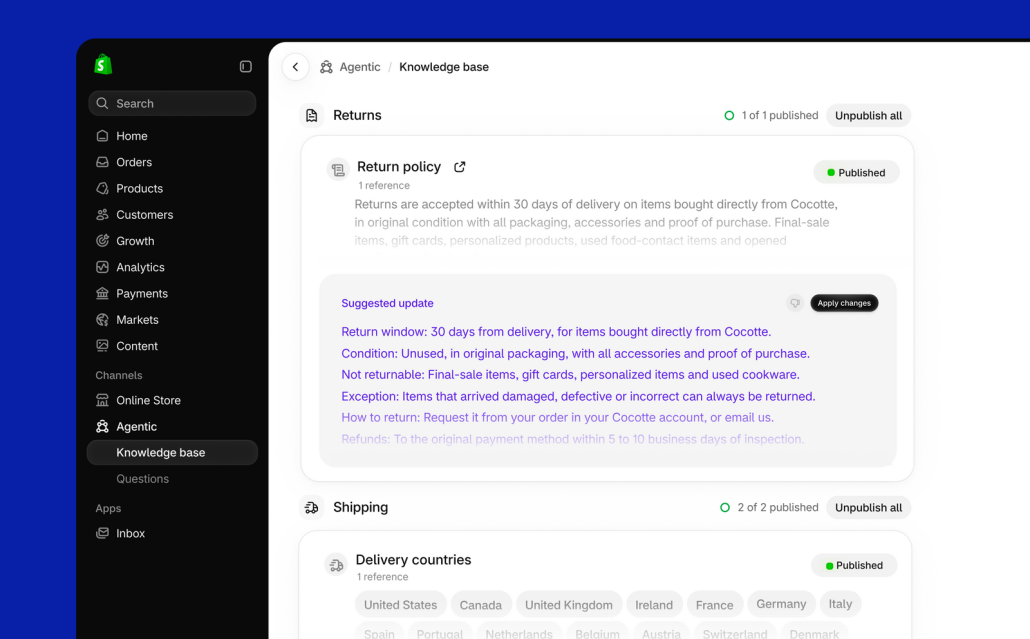 Shopify Admin mit der Knowledge Base, in der Rückgaberichtlinie und Versandangaben für KI-Agenten geprüft und freigegeben werden