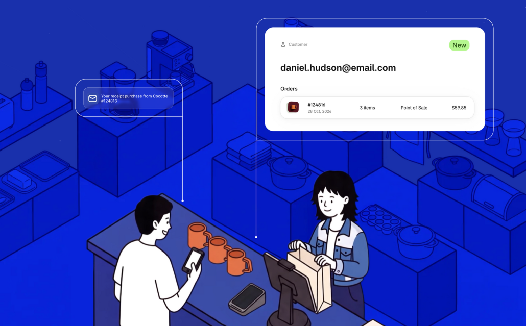 Illustration einer Kundin, die im Laden per Smartphone bezahlt und von Shopify POS wiedererkannt wird
