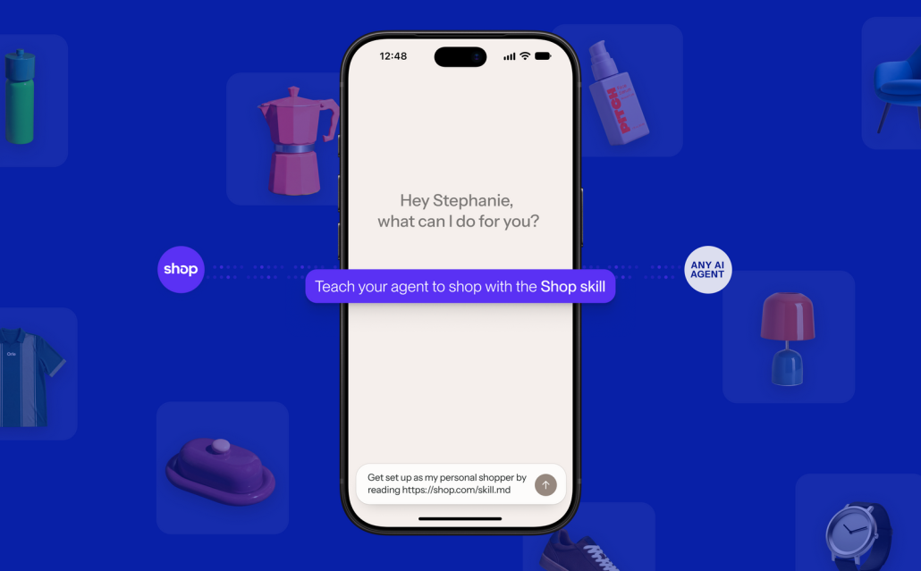 Smartphone mit KI-Agent, der über den Shop.md Skill von Shopify zum persönlichen Einkaufsassistenten wird