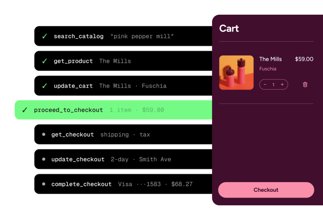 Abfolge von WebMCP-Werkzeugen von der Produktsuche über den Warenkorb bis zum Checkout, daneben ein Warenkorb im Shop